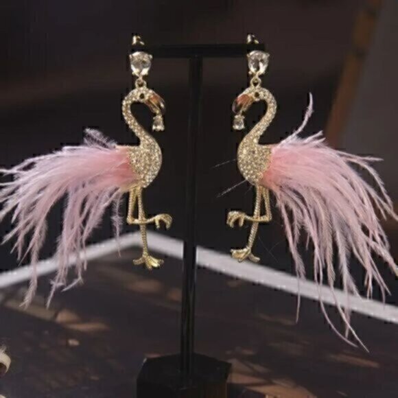 Unique Creative Flamingo Feather Design Dangle Earrings Alloy With Rhinestone - Picture 1 of 4